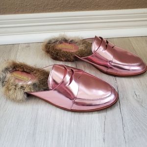 Fur lined metallic mules